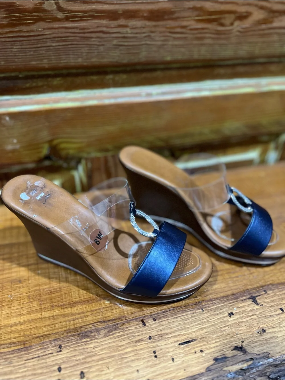 Navy & Clear Strap Wedges with Rhinestone Accent